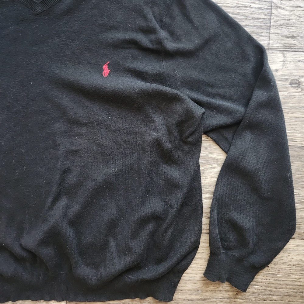 Polo Ralph Lauren Pima Cotton Sweater Men’s XL Solid Black Pony Logo V Neck - Picture 3 of 6